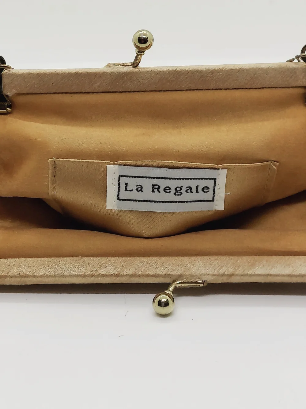 La Regale Matte Gold Satin Beaded Convertible Clutch Purse With Chain Strap